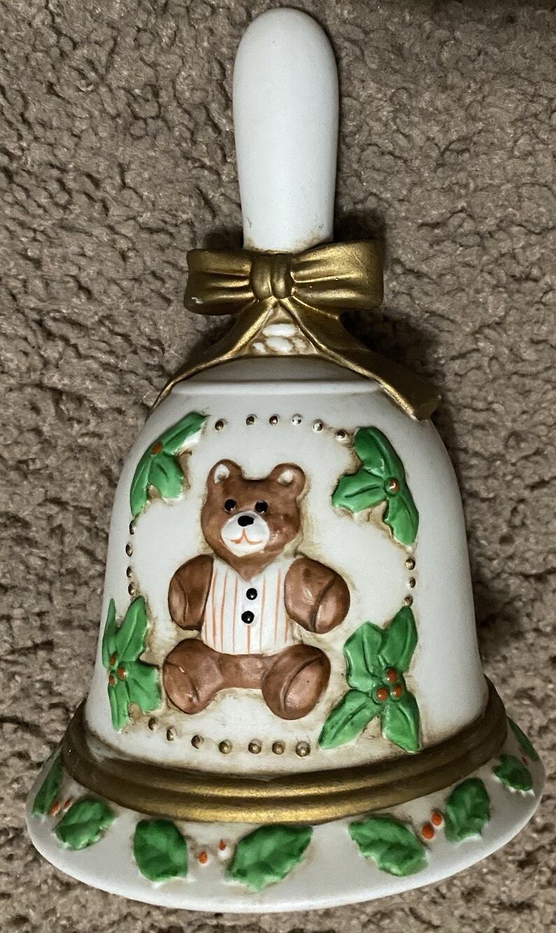 Christmas Bell Vintage Flambro Porcelain Bell With Holiday Bear 6.25” VTG A1